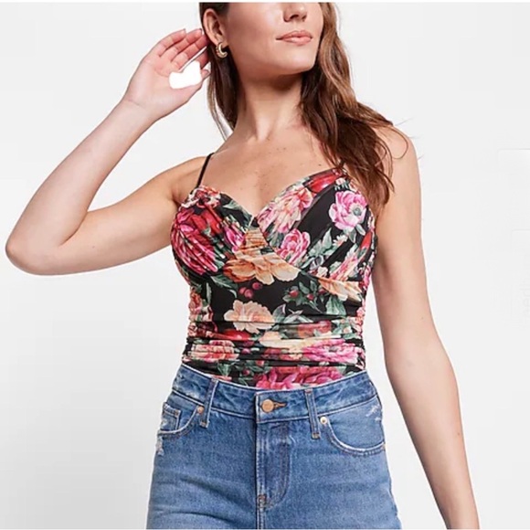 Express Tops - Express Body Contour Floral Mesh Cami Thong Bodysuit XL